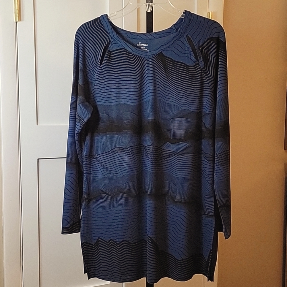 Soma NWOT Blue & Black Long Sleeve Tunic, Loungewear Activewear Jersey Top
